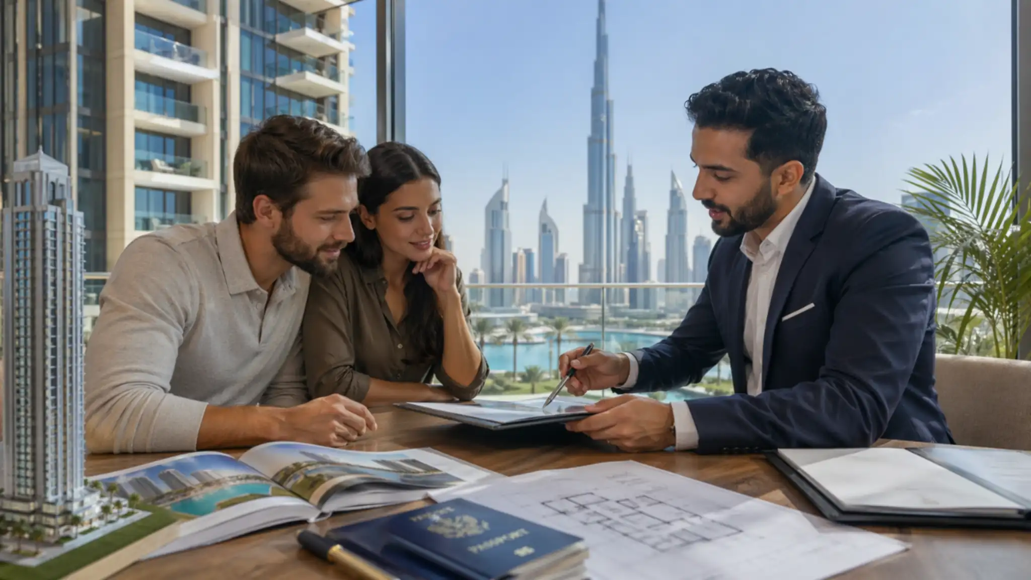 Can Anyone Buy a Property in Dubai – real estate agent discussing property purchase with a couple in a luxury apartment overlooking the Dubai skyline