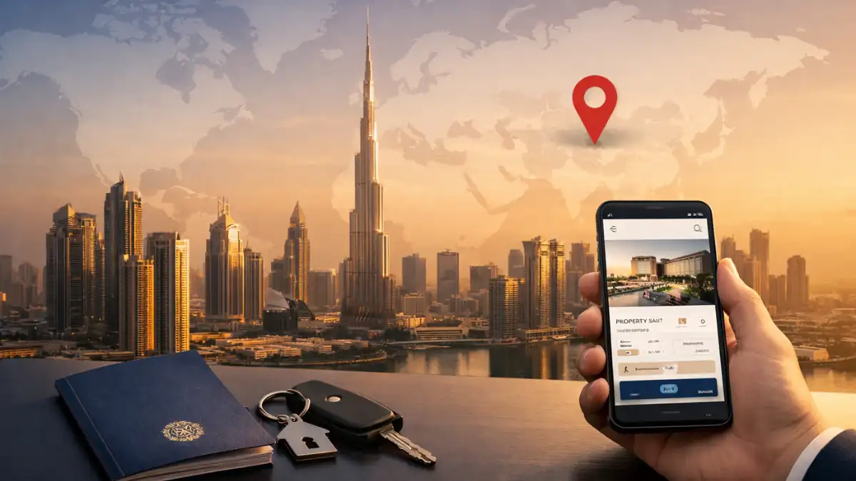 Can You Buy Properties in Dubai remotely – investor using smartphone with Dubai skyline and Burj Khalifa at sunset