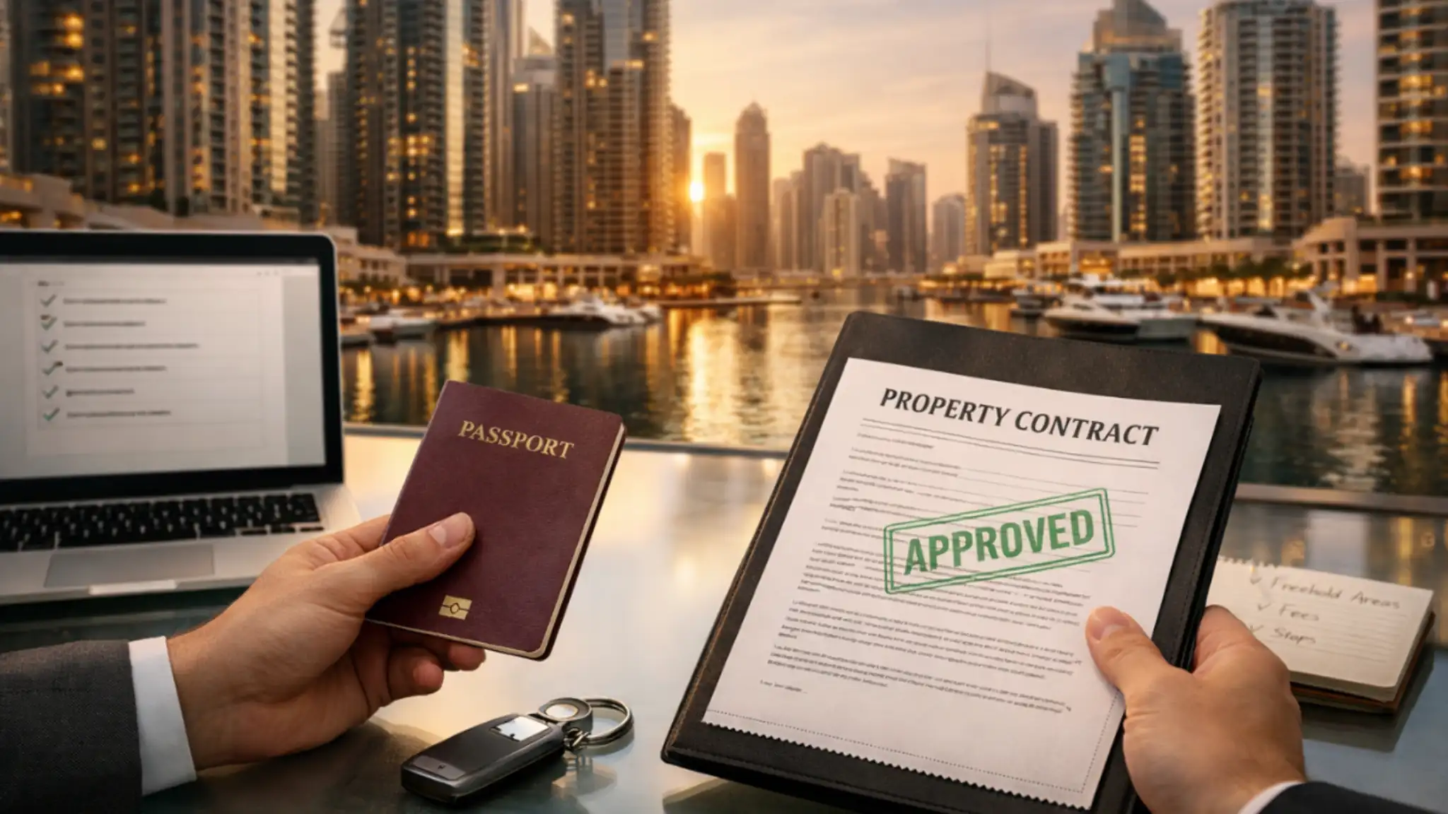Can You Buy Property in Dubai legally – investor holding passport and approved property contract overlooking Dubai Marina skyline at sunset