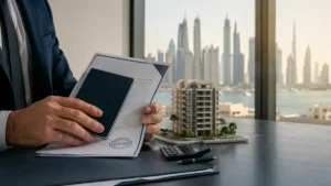 Can You Own Property in Dubai – investor holding passport and approved real estate documents with Dubai skyline and apartment model in background