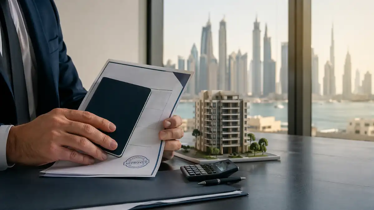 Can You Own Property in Dubai – investor holding passport and approved real estate documents with Dubai skyline and apartment model in background
