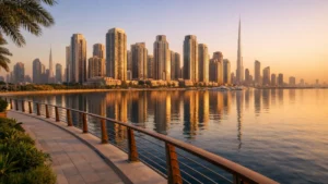 Dubai Creek Harbour waterfront skyline at golden hour with modern residential towers and calm water reflections viewed from a scenic promenade.