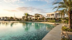 Luxury waterfront villas in Dubai District One with crystal-clear lagoon, modern architecture, and palm-lined boardwalk at golden hour