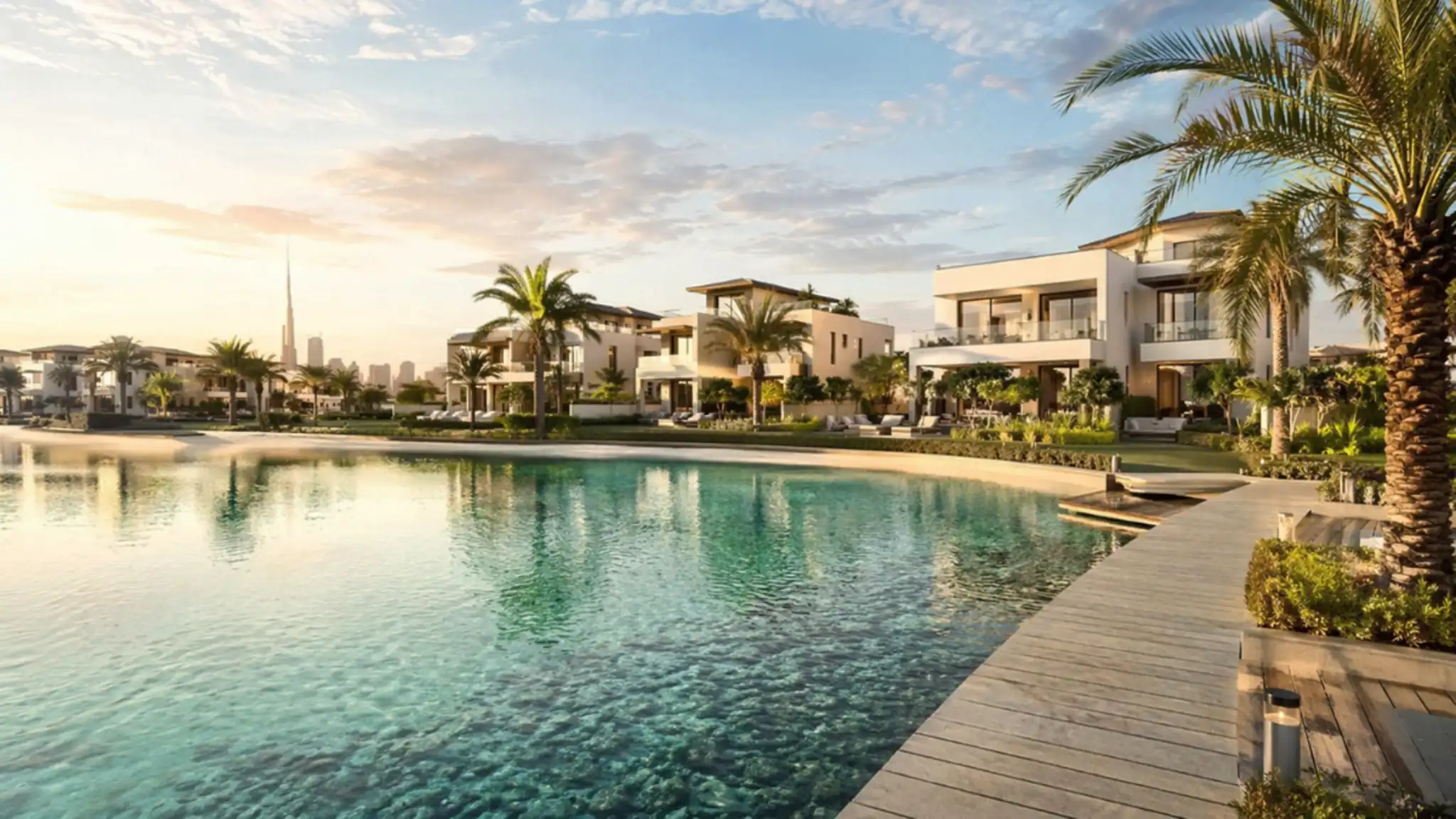 Luxury waterfront villas in Dubai District One with crystal-clear lagoon, modern architecture, and palm-lined boardwalk at golden hour