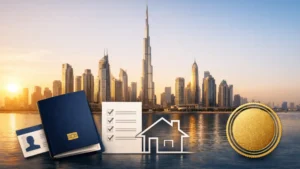 Dubai Golden Visa Requirements concept image showing Dubai skyline at golden hour with passport, checklist, property icon, and gold approval stamp symbolizing investment-based residency eligibility.