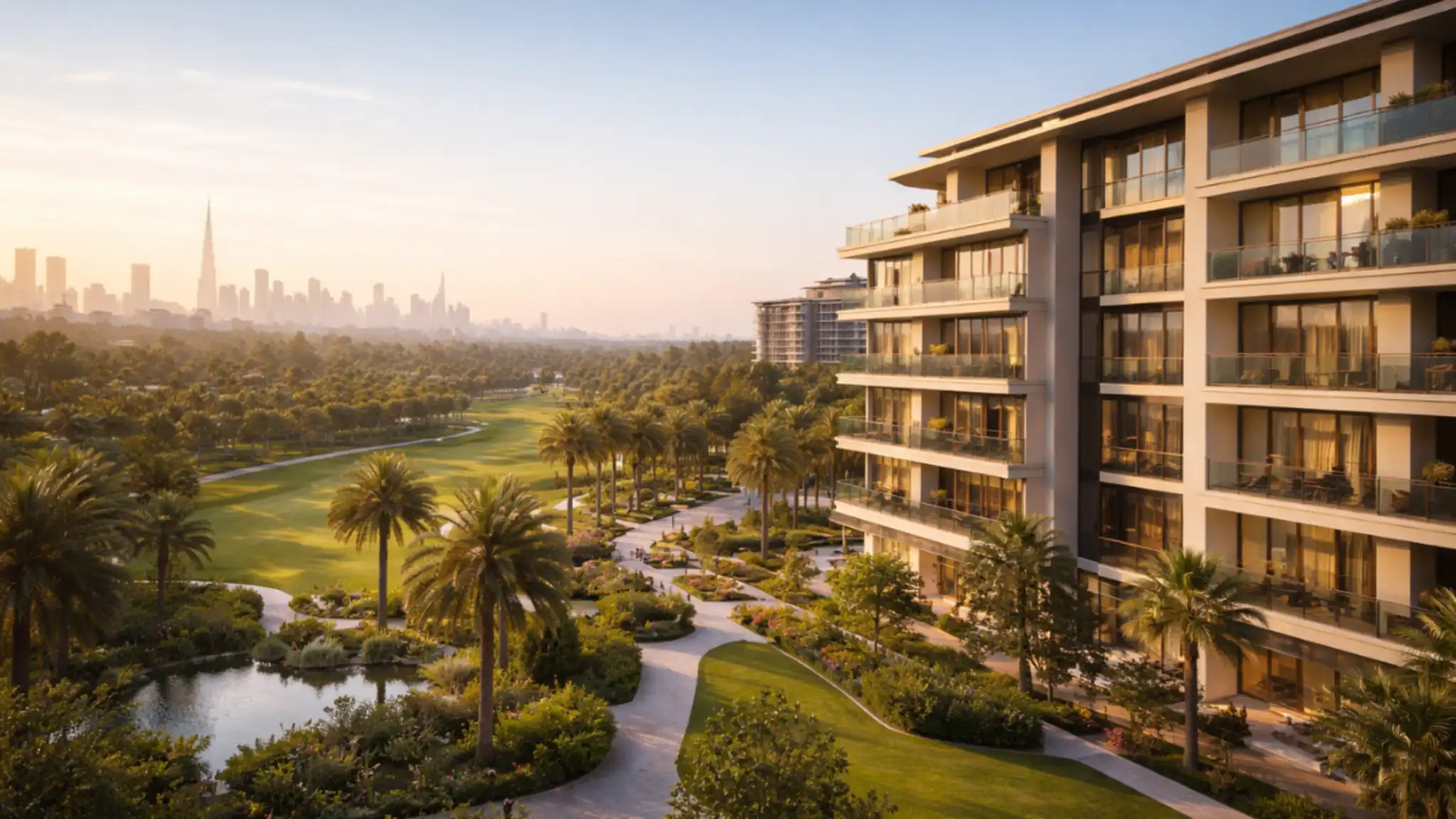 Luxury Dubai Hills Off Plan Projects overlooking lush golf course, modern apartments with skyline views and landscaped gardens.