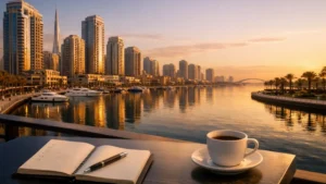 Dubai The Creek waterfront skyline at golden hour with luxury residential towers, marina reflections, and a balcony scene with notebook and coffee.