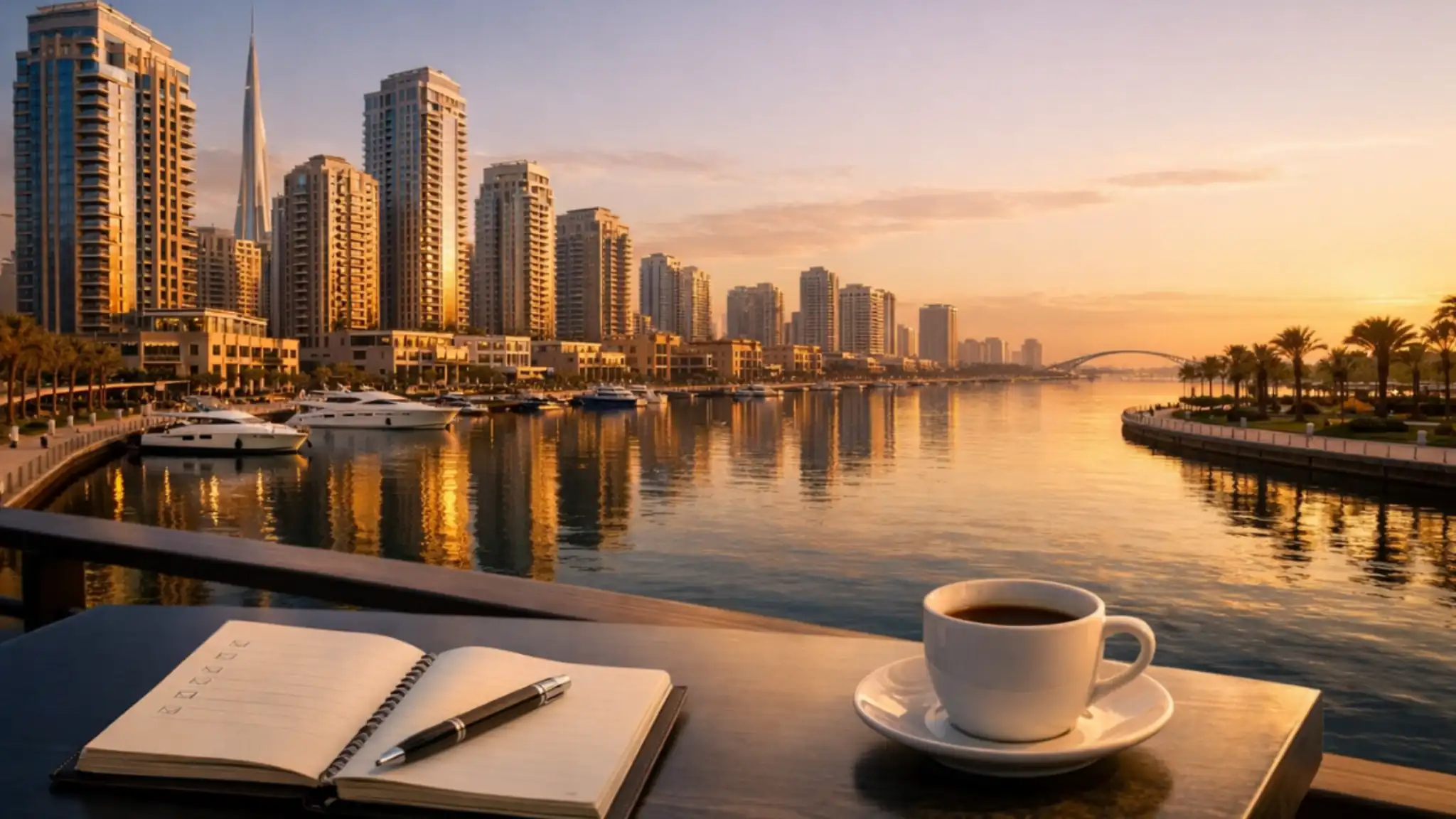 Dubai The Creek waterfront skyline at golden hour with luxury residential towers, marina reflections, and a balcony scene with notebook and coffee.