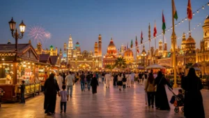 Dubai The Global Village – vibrant evening scene with crowds walking through illuminated cultural pavilions, market stalls, and festive lights in Dubai