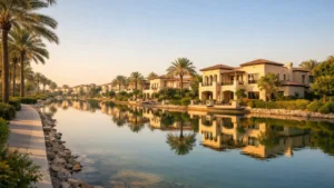 Luxury waterfront villas in Dubai The Lakes community with palm-lined walkways, calm reflective lake, and modern Mediterranean-style homes in warm morning light.