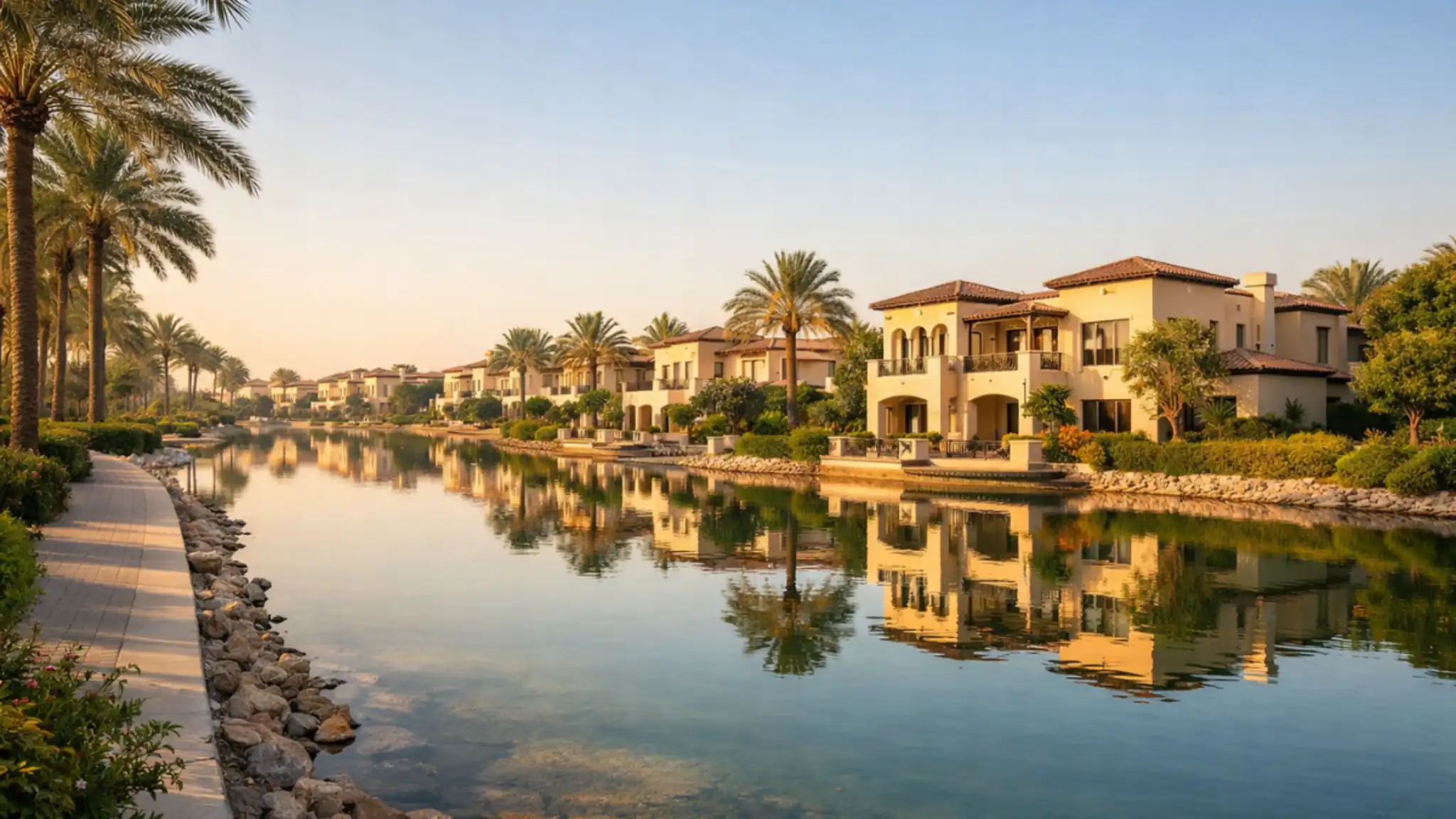 Luxury waterfront villas in Dubai The Lakes community with palm-lined walkways, calm reflective lake, and modern Mediterranean-style homes in warm morning light.