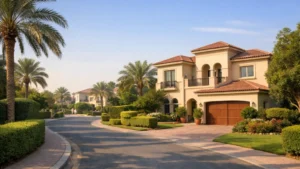 Luxury villa in Dubai The Meadows with palm-lined streets, landscaped gardens, and Mediterranean-style architecture in a peaceful residential community.