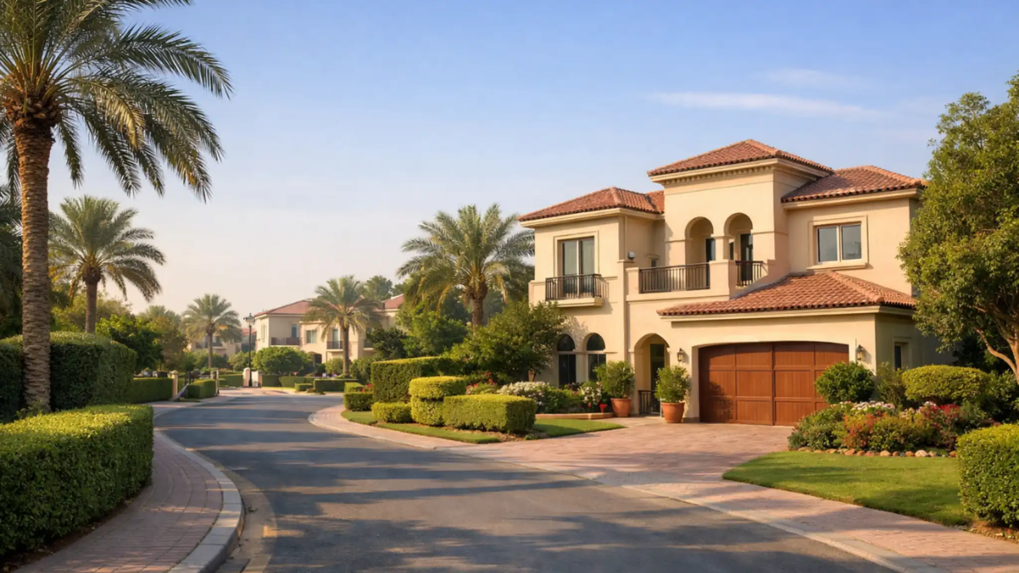 Luxury villa in Dubai The Meadows with palm-lined streets, landscaped gardens, and Mediterranean-style architecture in a peaceful residential community.