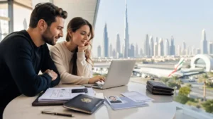 Dubai Visa Apply – couple completing visa application online with documents and passports while overlooking Dubai skyline from a modern apartment