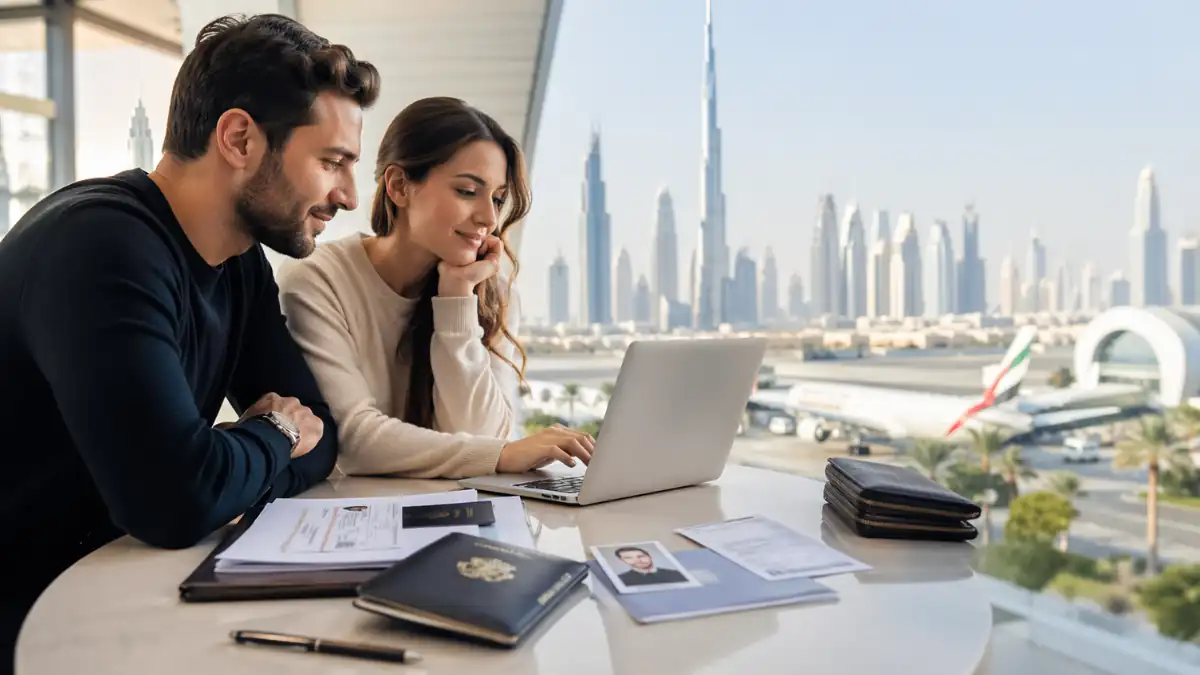 Dubai Visa Apply – couple completing visa application online with documents and passports while overlooking Dubai skyline from a modern apartment