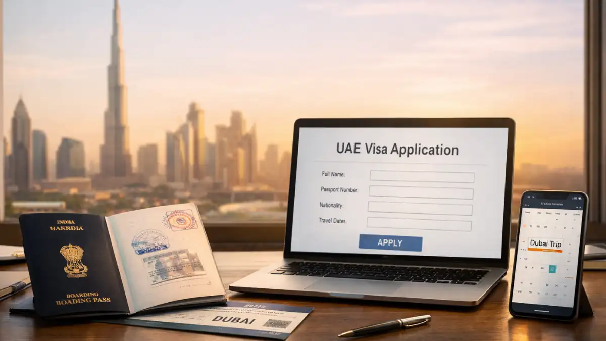 Dubai Visa India application process with Indian passport, UAE visa stamp, Dubai boarding pass, and online visa form on laptop