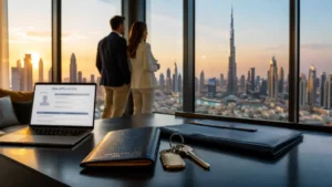 Dubai Visa Residence investor couple reviewing property documents with Burj Khalifa skyline at sunset
