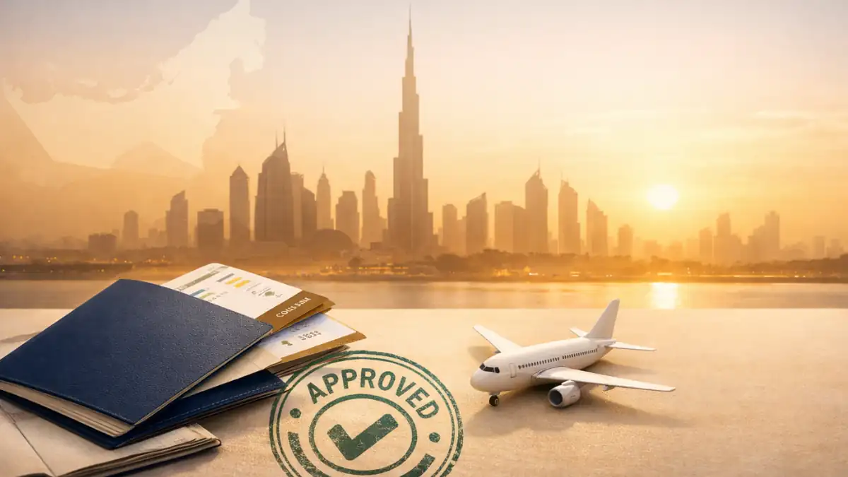 Dubai Visa UAE concept image with Burj Khalifa skyline at sunset, passport, boarding pass and approved stamp representing travel and visa approval in Dubai.