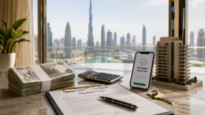 How Much Deposit is Required to Buy Property in Dubai – cash deposit, mortgage approval on phone, and property documents with Dubai skyline in the background