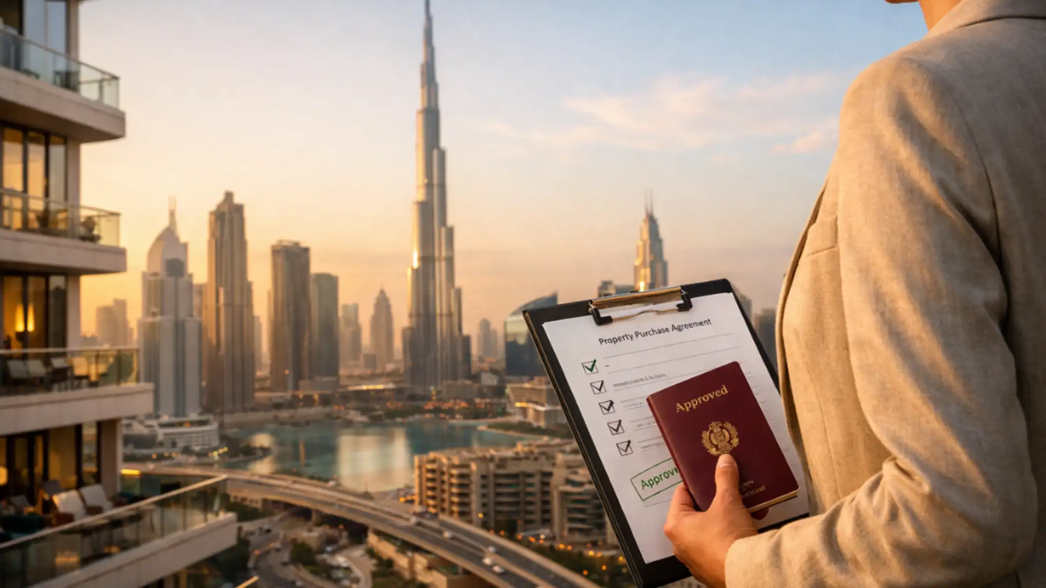 How to Buy Property in Dubai as a Foreigner – professional buyer holding passport and approved property checklist overlooking Dubai skyline with Burj Khalifa at sunset