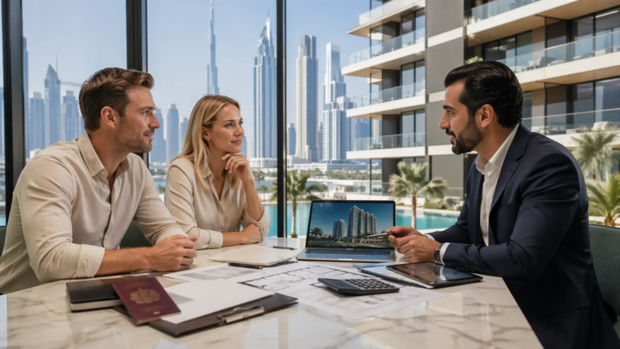 How to Buy Property in Dubai from UK – real estate agent advising a UK couple on purchasing property in Dubai with skyline view and documents on table