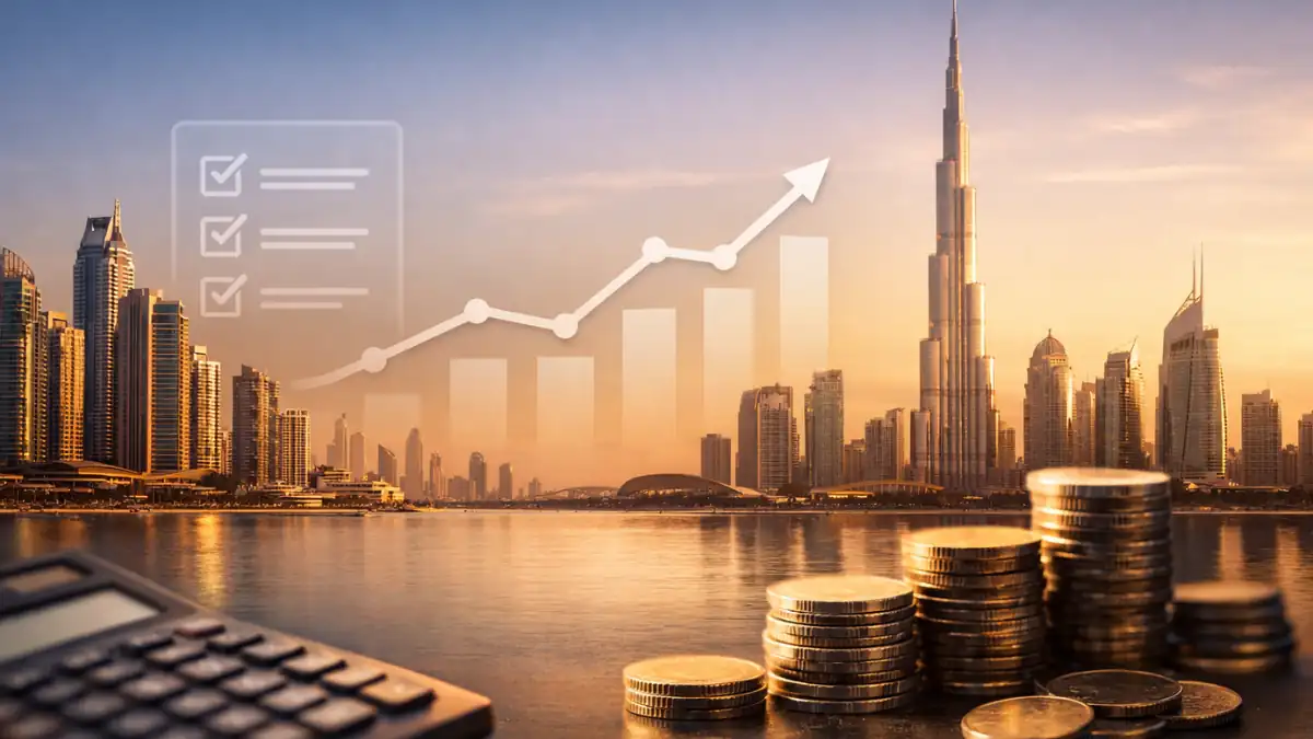 Is Buying Property in Dubai a Good Investment – Dubai skyline with Burj Khalifa, rising financial growth chart, stacked coins, and calculator symbolizing real estate investment potential and returns