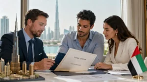 Is Property in Dubai Freehold for Foreigners – international buyers reviewing title deed ownership documents with a real estate agent in a modern Dubai office with Burj Khalifa skyline.