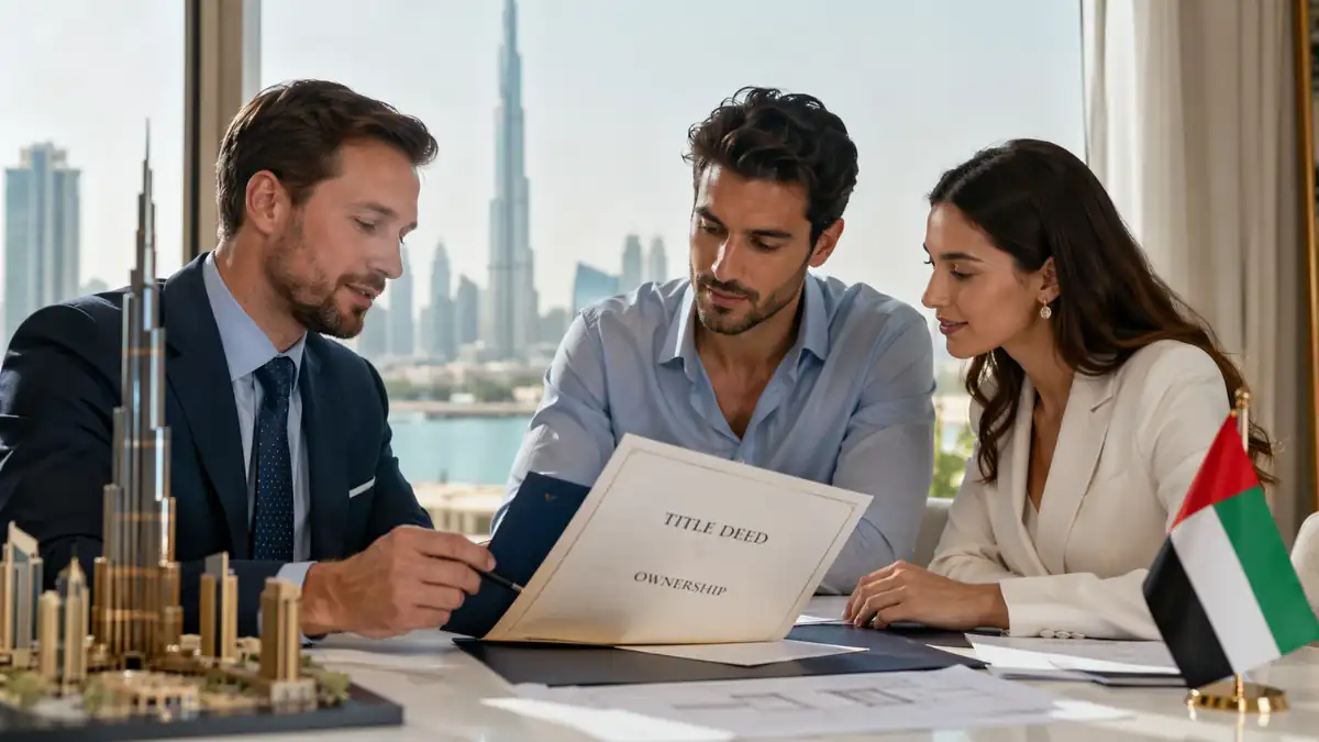 Is Property in Dubai Freehold for Foreigners – international buyers reviewing title deed ownership documents with a real estate agent in a modern Dubai office with Burj Khalifa skyline.
