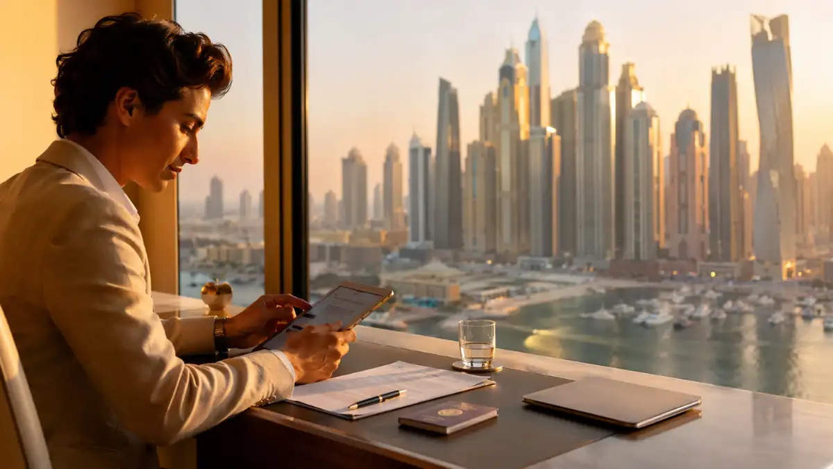 Is Property in Dubai Freehold for Foreigners – international buyer reviewing property documents overlooking Dubai Marina skyline at sunset