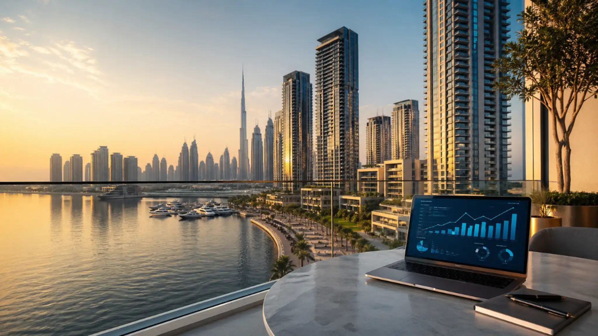 Buy Property in Dubai Creek Harbour with waterfront skyline view, luxury apartments, and modern high-rise towers at sunset