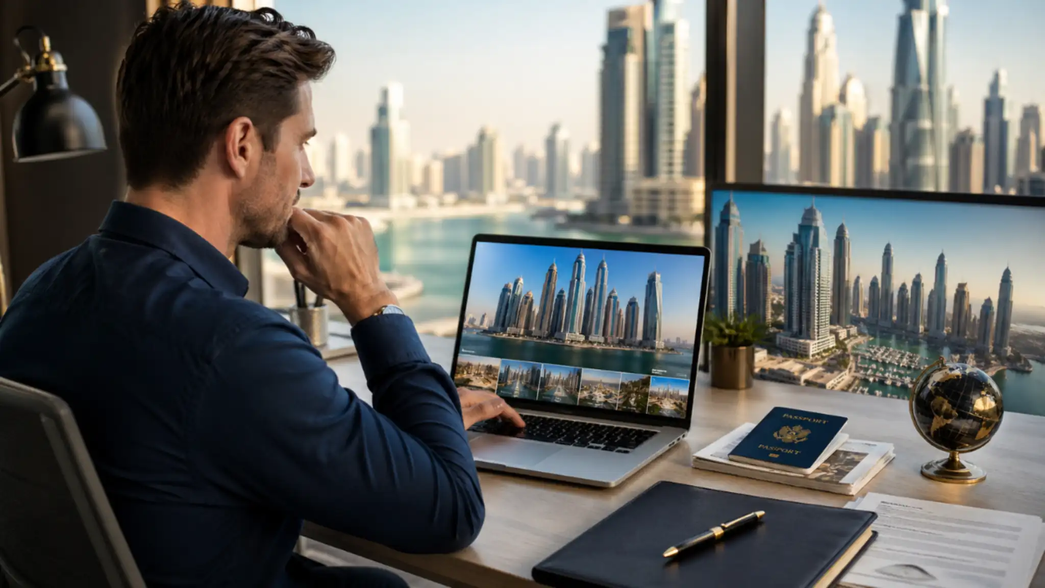 Buy Property in Dubai From USA – man researching Dubai real estate on laptop with city skyline and documents.