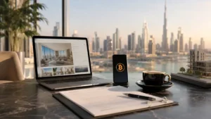 Buying Property in Dubai with Bitcoin — luxury Dubai real estate investment setup featuring a laptop displaying modern apartments, a smartphone with Bitcoin symbol, signed property documents, and the Dubai skyline including Burj Khalifa in the background.
