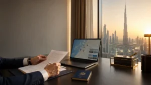 Can You Buy House in Dubai concept showing foreign investor reviewing Dubai property documents with Burj Khalifa skyline, passport, and digital real estate map in luxury Dubai office.