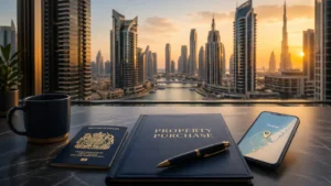 Can You Buy a Property in Dubai – luxury skyline, real estate paperwork, and investment planning scene.