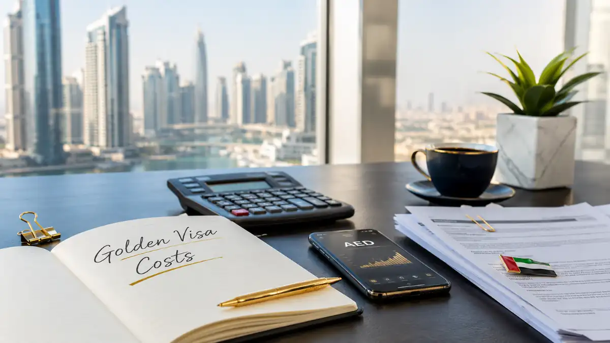 Dubai Golden Visa Cost planning desk with calculator, AED financial chart, visa paperwork, and Dubai skyline representing UAE residency investment and application expenses.