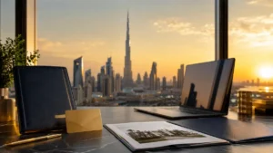 Luxury office workspace overlooking Downtown Dubai skyline with Burj Khalifa at sunset, showcasing the Dubai Golden Visa Scheme for investors, entrepreneurs, and business professionals.