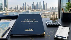 Dubai Land Department Fees document on office desk with Dubai skyline view, property transfer paperwork, calculator, and mobile app for UAE real estate transactions.
