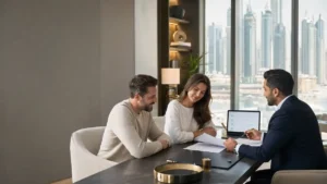Couple meeting with property consultant in Dubai office discussing Dubai Mortgage for Expats with skyline views and home financing documents.