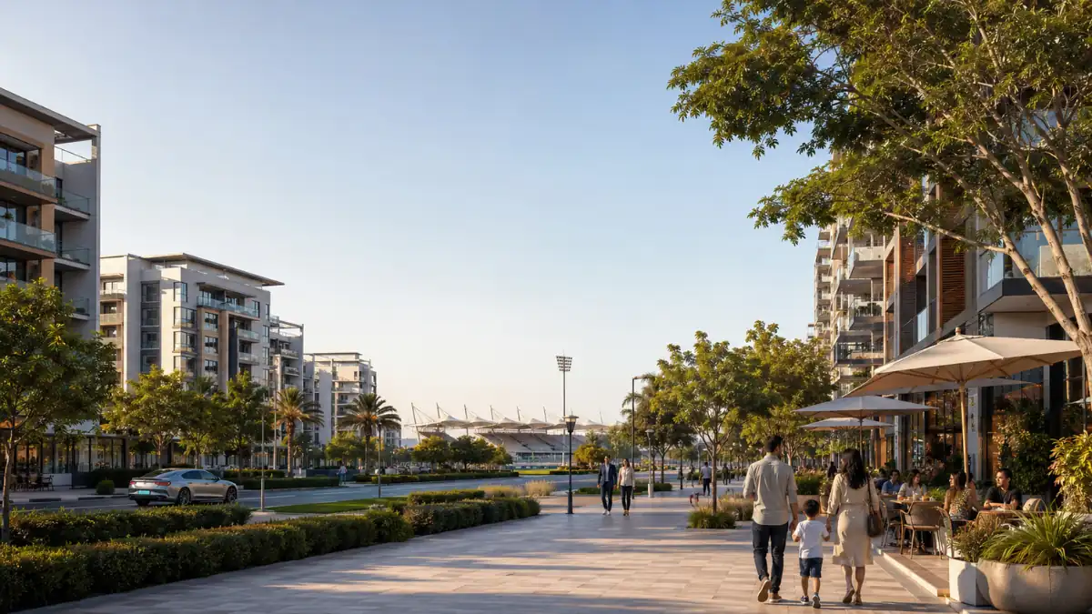 Dubai Motor City residential community featuring modern apartments, pedestrian-friendly boulevard, outdoor cafes, landscaped streets, and family-friendly lifestyle in Dubai UAE.