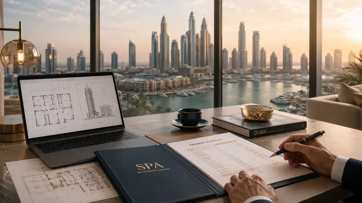 Dubai Off Plan Apartments investment scene featuring luxury Dubai Marina skyline, signed SPA agreement, apartment floor plans, and payment schedule for off-plan property buyers in Dubai UAE.