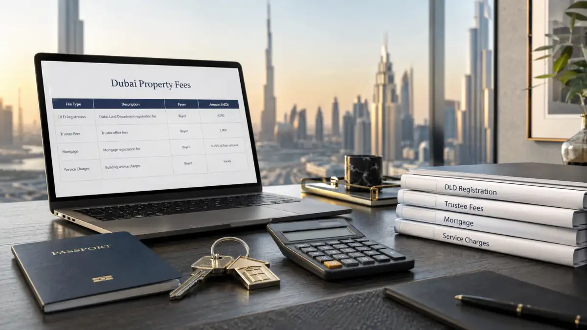 Dubai Property fees overview displayed on a laptop with calculator, keys, and real estate documents in a modern Dubai office overlooking the city skyline, illustrating DLD registration fees, trustee fees, mortgage costs, and service charges for property buyers in Dubai.