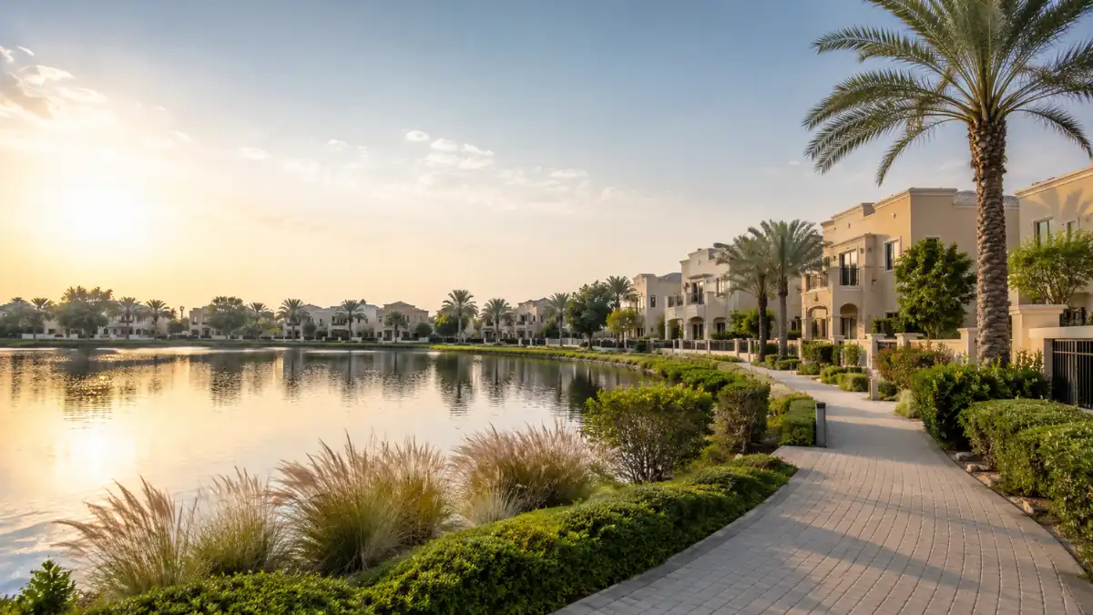 Scenic waterfront community in Dubai The Springs featuring luxury villas, palm-lined walkways, landscaped gardens, and tranquil lake views in a family-friendly residential neighborhood.