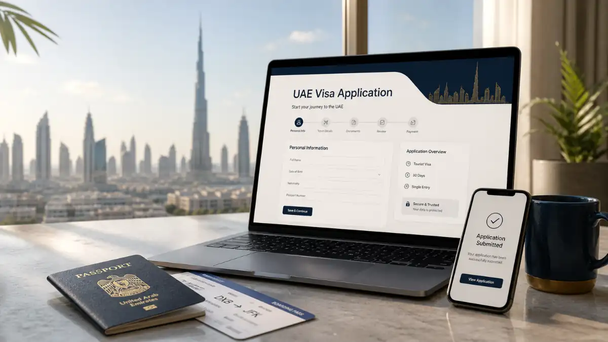 Dubai Visa Apply Online – laptop showing UAE visa application form with passport and mobile confirmation screen.