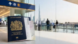 Dubai Visa on Arrival – British passport and visa stamp at Dubai airport with city skyline view.