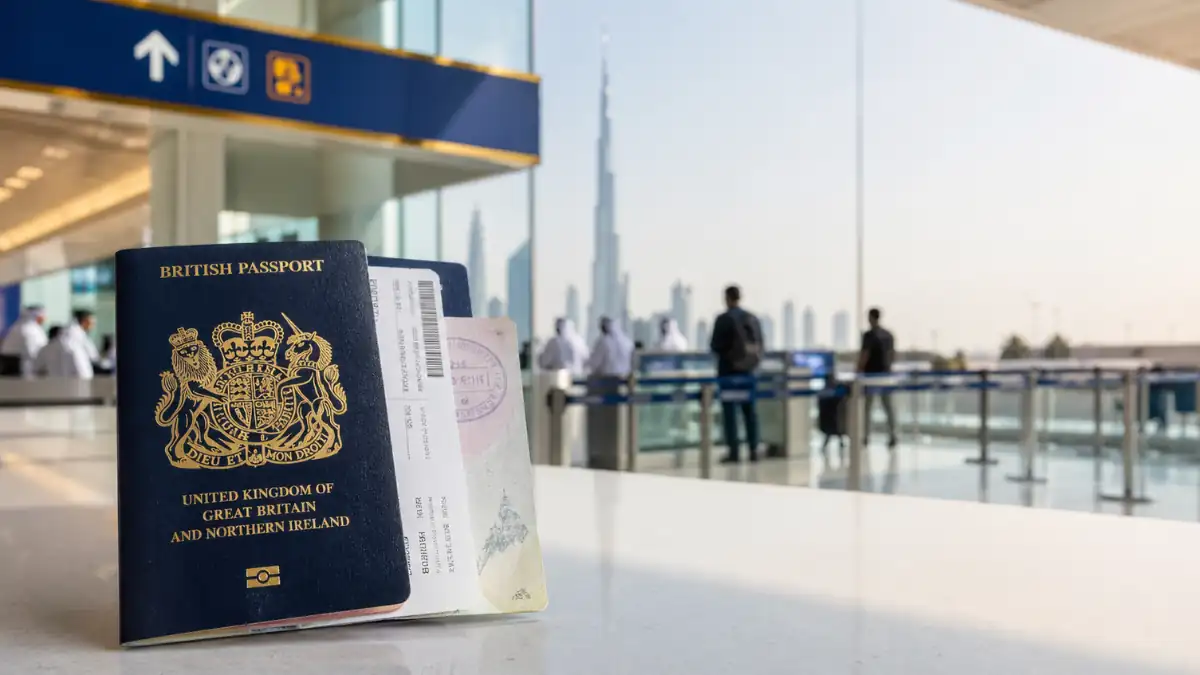 Dubai Visa on Arrival – British passport and visa stamp at Dubai airport with city skyline view.