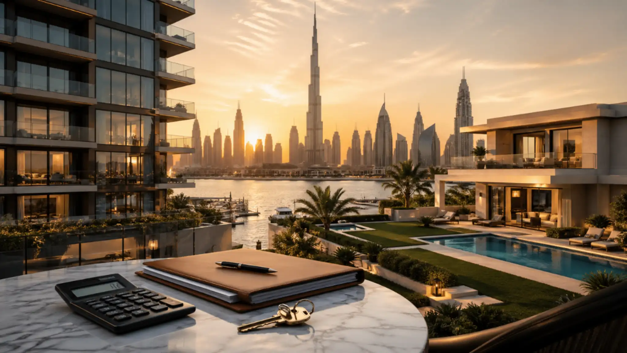 How much does property cost in Dubai – luxury waterfront villa with skyline view, calculator, and real estate documents at sunset.