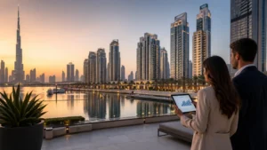 Off Plan Projects in Dubai Creek Harbour – couple analyzing real estate data on tablet with Dubai skyline and waterfront view.