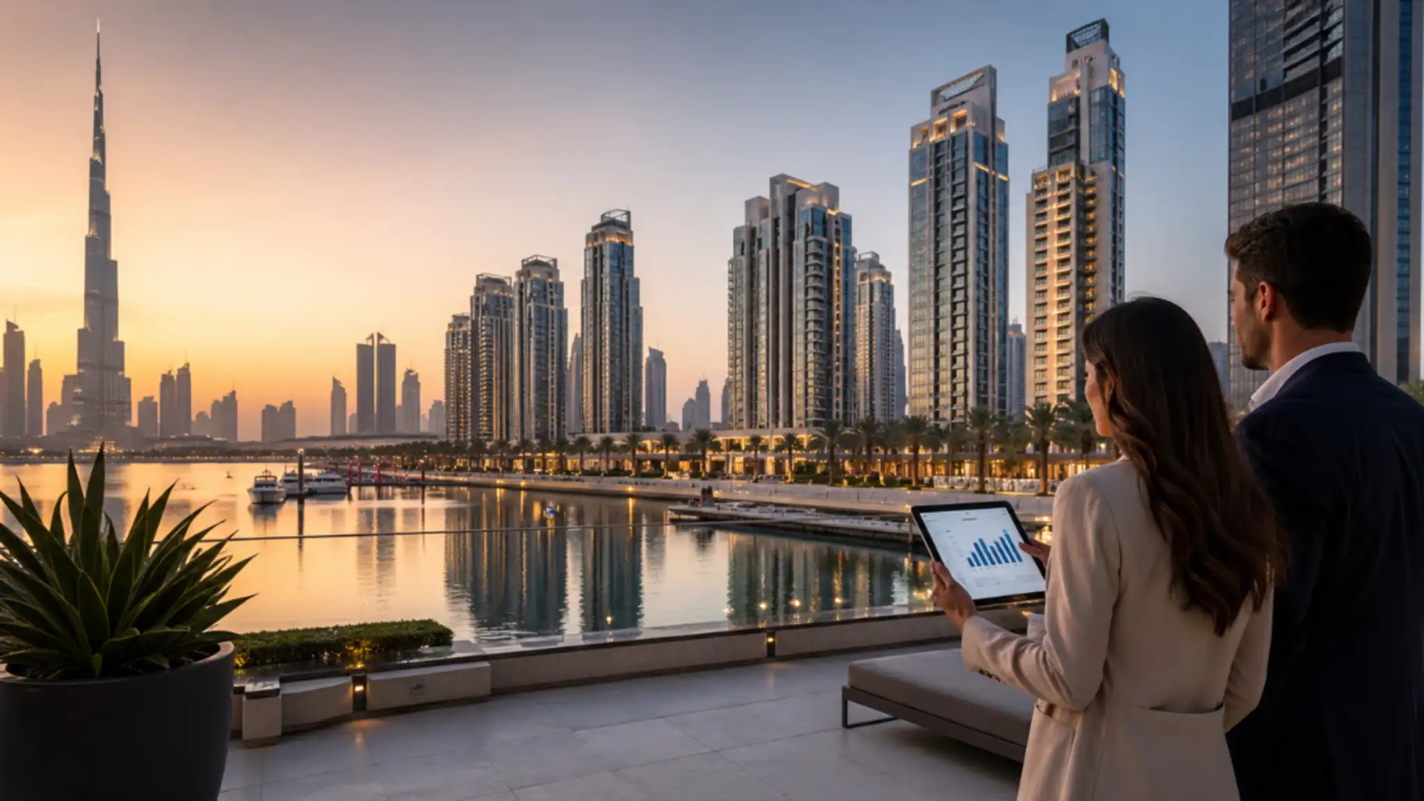 Off Plan Projects in Dubai Creek Harbour – couple analyzing real estate data on tablet with Dubai skyline and waterfront view.