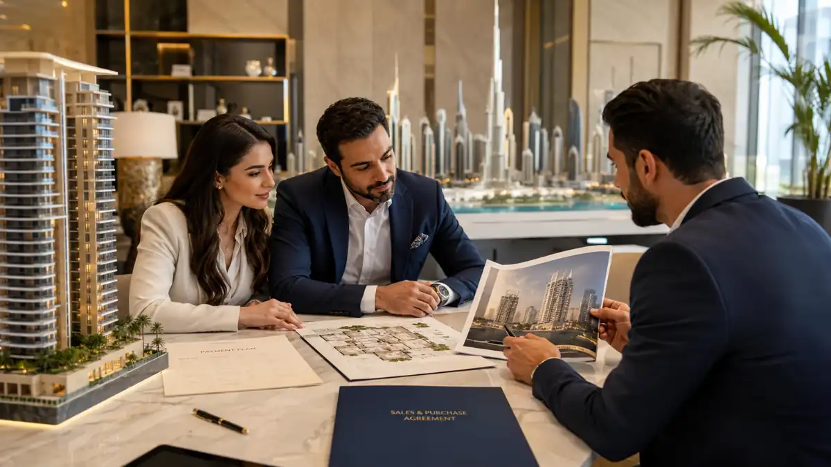 Luxury real estate agent presenting architectural plans to a couple discussing what is off plan property in Dubai, inside a modern Dubai property sales office with skyscraper models and investment documents.
