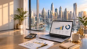 What rental yield can you get in Dubai — Dubai Marina skyline view with rental yield analysis charts on a laptop, calculator, investment documents, and luxury real estate market workspace for property investors.